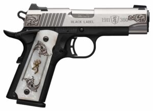 Browning 1911-380 Black Label Medallion pistol with engraved stainless slide, black frame, white pearl grips