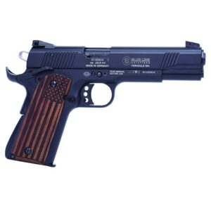 Mauser Rimfire 1911 .22 LR with 5-inch black steel barrel, black serrated slide, and US flag molded wood grip