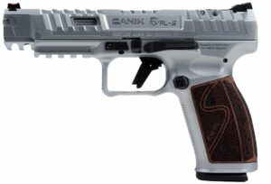 Canik SFx Rival-S 9mm chrome pistol with rosewood grips right-side view