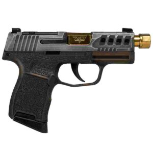 Sig Sauer P365 Gold Bug 9mm handgun with 3.7 inch threaded gold barrel and distressed grey slide