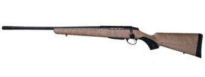 Tikka T3x Lite 7mm Rem Mag left-hand rifle in Roughtech Tan with fluted threaded 24.3 inch barrel