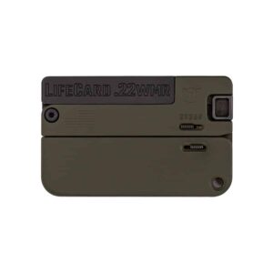 Trailblazer Lifecard .22 WMR aluminum credit-card pistol in OD green, folded and open views