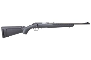 Ruger American Rimfire rifle with 18-inch threaded barrel and black synthetic stock, right-hand