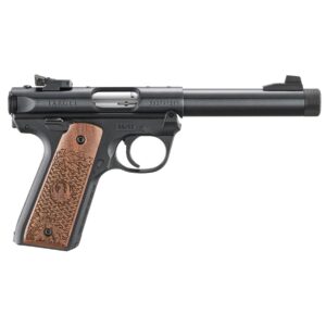 Ruger Mark IV 22/45 Collector's Series .22 LR pistol with engraved walnut grips and threaded bull barrel