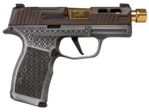Sig Sauer P365X Shark Coast Tactical X Debacle brown Cerakote slide grey X-stippled frame gold threaded barrel
