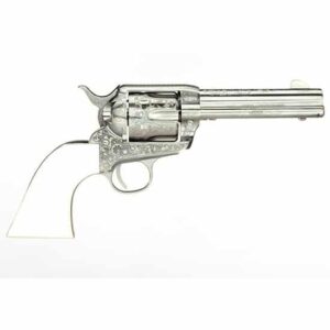 Taylors and Company Outlaw Legacy 1873 Cattleman nickel engraved revolver with 4.75 inch barrel and simulated ivory grips