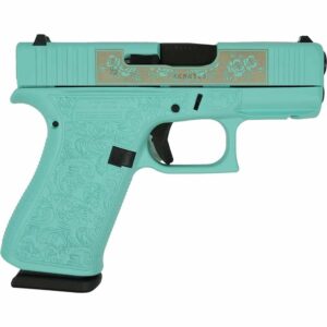Glock 43X "Glock & Roses" Robin's Egg Blue 9mm handgun with engraved slide and grip