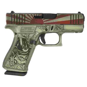 Glock 43X Rising Sun Bushido 9mm compact pistol with battle-worn Cerakote and front rail