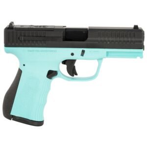 FMK Mach 9 G3 9mm pistol in Blue Jay frame showing optic-ready serrated slide