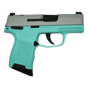 Sig Sauer P365 silver slide with robin's egg blue frame, optic ready, 3.1 inch barrel