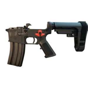 Franklin Armory BFSIII AR15 pistol lower receiver in black with SBA3 brace and AR-ESSENTIALS binary trigger