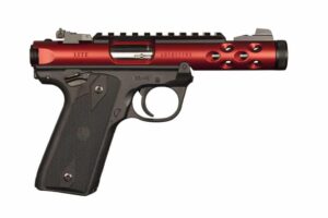 Ruger MKIV 2245 LT semi-auto handgun listed as 22 caliber with 4.4-inch barrel red finish