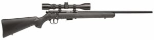 Savage 93R17-FXP bolt-action rifle with mounted 3-9x40 scope, matte blued barrel, and black synthetic stock