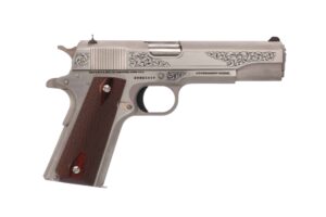 Colt 1911 Government .45 ACP brushed stainless hand-engraved slide right-side view