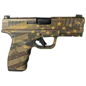 Springfield Hellcat Pro OSP Distressed Flag Burnt Bronze 9mm handgun with 3.7-inch barrel