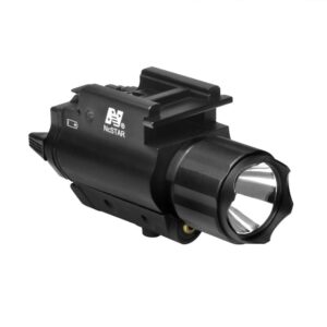 NCStar AQPFLSG flashlight and green laser combo mounted on a Weaver rail, black anodized