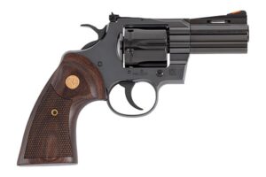Colt Python .357 Magnum 3-inch blued revolver with walnut target grips and adjustable rear sight