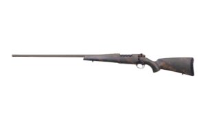 Weatherby Mark V Backcountry 2 left-hand bolt-action rifle in Patriot Brown Cerakote with camo carbon fiber stock