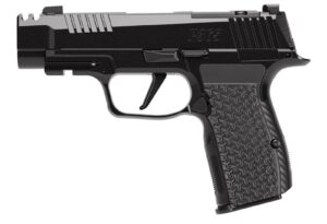 Sig Sauer P365 AXG LUXE .380 ACP pistol with 3.1 inch compensator barrel and black pearlescent Cerakote finish