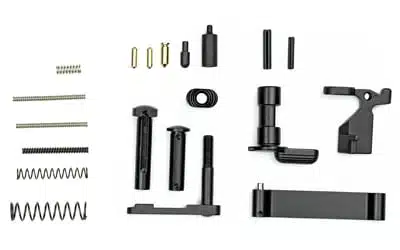 CMC Triggers AR-15 lower parts kit components laid out; fire control group and pistol grip not included
