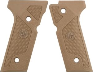 Beretta M9A3 thin polymer pistol grips in desert tan, Vertec-style, checkered