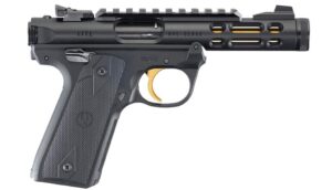 Ruger Mark IV 22/45 Lite .22 LR pistol side view with 4.4-inch threaded barrel in black and gold accents