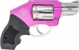Charter Arms revolver with wood-style grips, black finish, side view