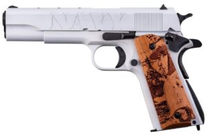 Auto-Ordnance AO 1911A1 Navy Commemorative pistol in Arctic White and Savage Stainless Cerakote with engraved wood grips