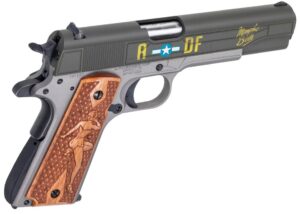 Auto-Ordnance AO 1911A1 Memphis Belle .45 ACP pistol with OD green Cerakote slide and custom engraved wood grips