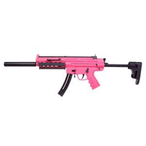 BLG GSG-16 .22LR pink semi-automatic rifle with collapsible stock and faux suppressor