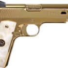 Iver Johnson Golden Eagle G2 1911 .45 ACP pistol with polished Gold PVD finish and white pearlized grips