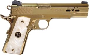 Iver Johnson Golden Eagle G2 1911 .45 ACP pistol with polished Gold PVD finish and white pearlized grips