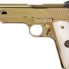 Iver Johnson Golden Eagle G2 1911 .45 ACP pistol with polished Gold PVD finish and white pearlized grips
