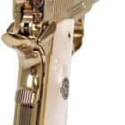 Iver Johnson Golden Eagle G2 1911 .45 ACP pistol with polished Gold PVD finish and white pearlized grips