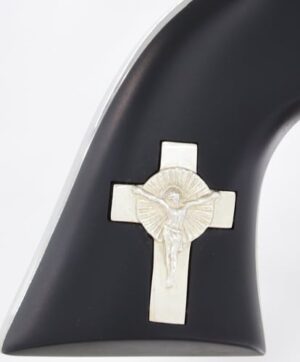 Cimarron Holy Smoker 4.75 inch .357 Magnum revolver, nickel finish, wood grips with silver cross inlay
