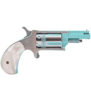 North American Arms NAA-22M-PB .22 Magnum mini-revolver turquoise cerakote stainless/turquoise cylinder faux white grips