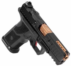 ZEV OZ9 V2 Elite Hypercomp X Grip Bronze compact 9mm pistol angled view