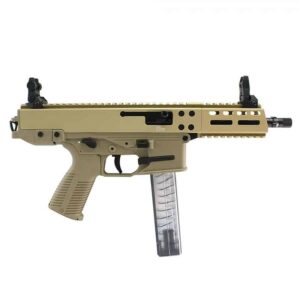 B&T GHM9 9mm pistol in coyote tan with 6.9 inch threaded barrel and flip-up sights