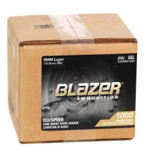 CCI Blazer Brass Handgun Ammunition 9mm Luger 115 gr. FMJ 1145 fps 1000/ct (Loose Pack)