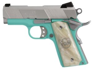 Iver Johnson Thrasher Officer 1911 9mm Tiffany Blue Cerakote with white synthetic pearl grips