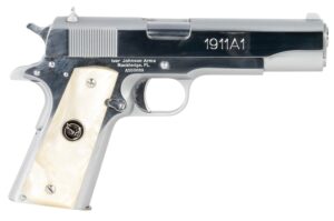 Iver Johnson 1911A138CHRWP .38 Super 5-inch stainless barrel bright chrome serrated slide pearl grip