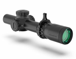Swampfox Tomahawk II 1-4x24 SFP scope with bright fiber optic red reticle and 30mm tube