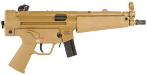 Heckler & Koch SP5 9mm RAL8000 FDE pistol left profile with magazines