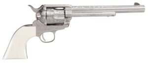 Taylors and Company 1873 Outlaw Legacy Pietta .45 Long Colt 7.50 in nickel engraved revolver with white PVC Navy grip