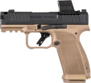Canik METE MC9 Prime 9mm pistol two-tone black slide flat dark earth frame with MeCanik MO4 red dot