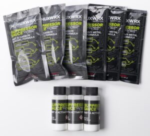 HUXWRX Suppressor Sauce Refill Kit packaging showing Part A packets, activator bottles, and Part B packets