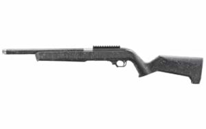 Ruger 10/22 Carbine with 16.1 inch carbon-fiber-sleeved barrel and Magpul MOE X-22 black/white speckle stock