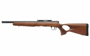 Savage B17 Timber Thumbhole .17 HMR rifle with wood thumbhole stock and matte blued finish