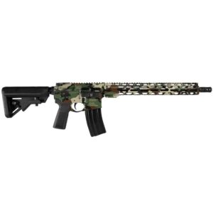 Radical Firearms Woodland Camo Mil‑Spec NATO 5.56mm rifle with 16 inch barrel and 15 inch free-float M-LOK handguard