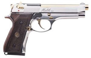 Derya Melik 9mm pistol with gold-accent barrel and black frame, 4.9-inch barrel